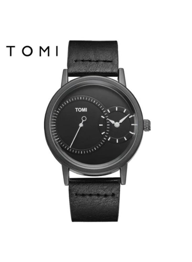 TOMI Minimalist Watch for Men, Slim Analog Quartz Wristwatch with Small Seconds Sub-dial, Black Leather Strap - Stylish & Modern Business Casual - Image 2