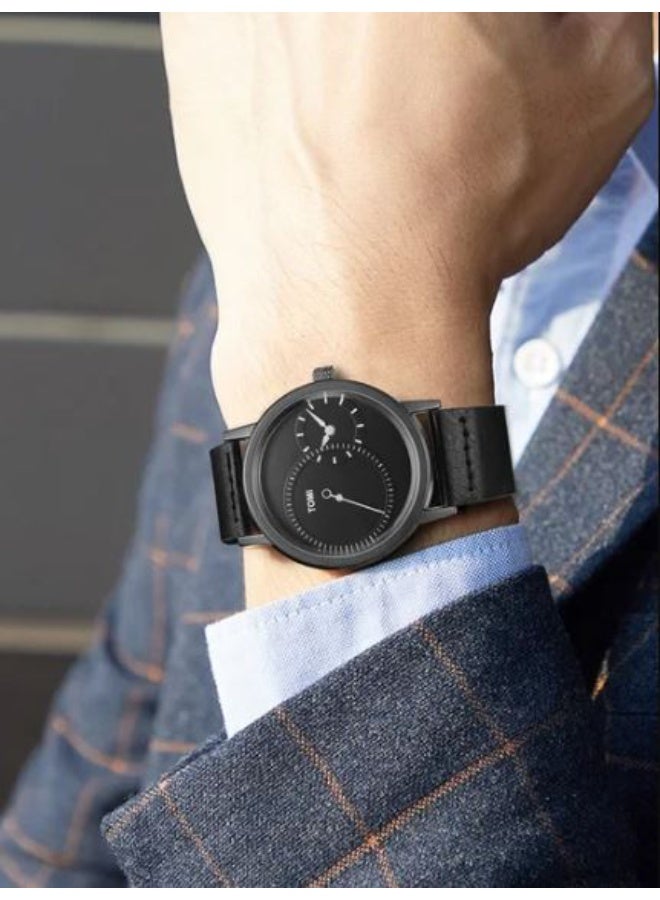 TOMI Minimalist Watch for Men, Slim Analog Quartz Wristwatch with Small Seconds Sub-dial, Black Leather Strap - Stylish & Modern Business Casual - Image 3