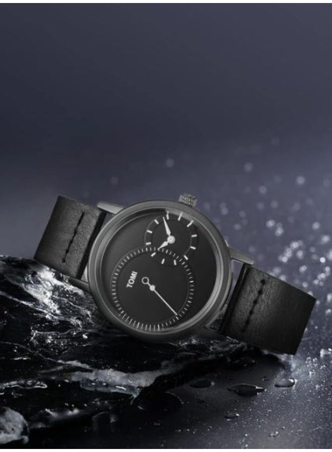 TOMI Minimalist Watch for Men, Slim Analog Quartz Wristwatch with Small Seconds Sub-dial, Black Leather Strap - Stylish & Modern Business Casual - Image 1