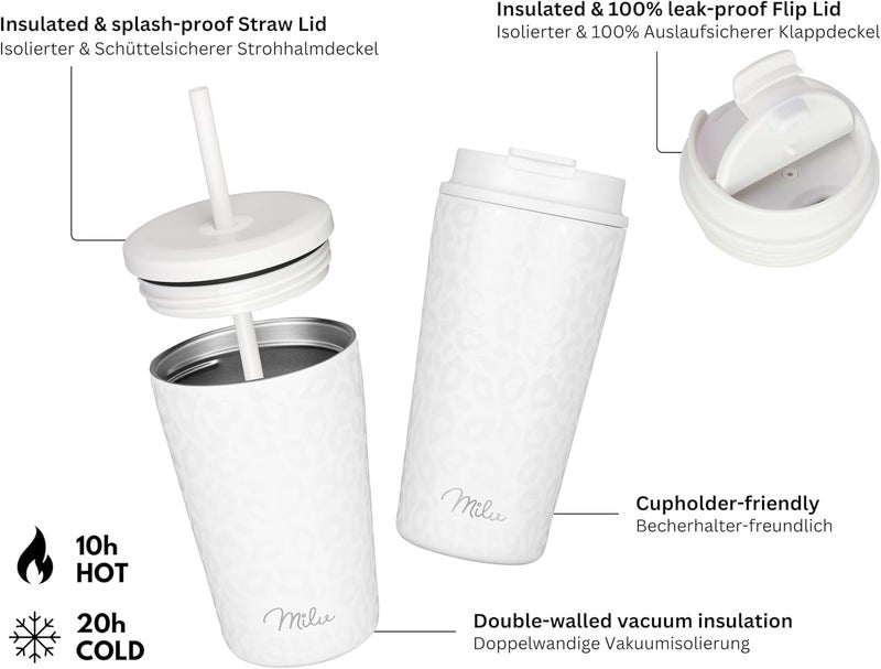Milu Thermal Mug 300 ml, 400 ml, 500 ml - 100% Leak-Proof - Stainless Steel Coffee Mug to Go Insulated with Straw Keeps Hot for 10 Hours / 20 Hours Cold, BPA-Free (White Leopard, 500 ml) - Image 4