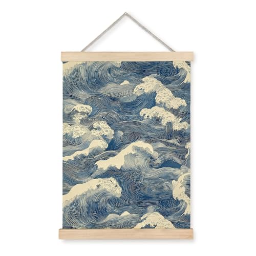 Nipil Blue and White Wave Japandi Poster Hanger Frame, Japanese Room Decor, Abstract Japanese Wabi Sabi Ocean Waves Coastal Beach Hanging Canvas Framed Wall Art Decor for Home, 12x16 Inch - Image 1