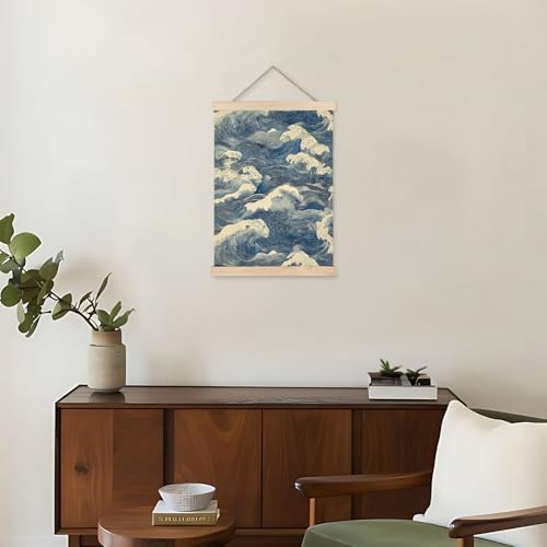 Nipil Blue and White Wave Japandi Poster Hanger Frame, Japanese Room Decor, Abstract Japanese Wabi Sabi Ocean Waves Coastal Beach Hanging Canvas Framed Wall Art Decor for Home, 12x16 Inch - Image 5