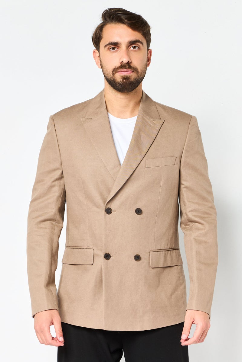Celio Men Regular Fit Solid Long Semi Formal Blazer, Tan - Image 1
