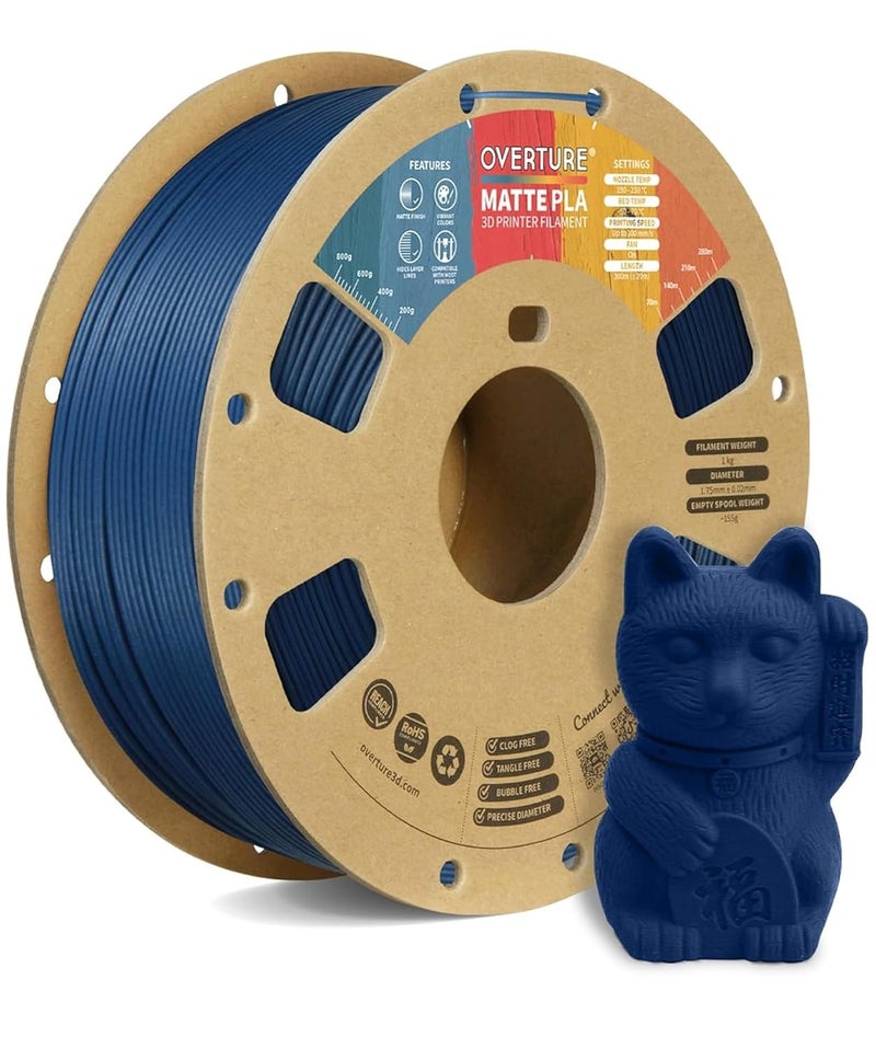 OVERTURE Matte PLA 3D Printer Filament 1.75mm, Matt Surface & Low Warping Filament 1kg Spool (2.2 lbs), Accuracy +/- 0.02 mm, Fit Most FDM Printers (Matte Navy Blue) - Image 1