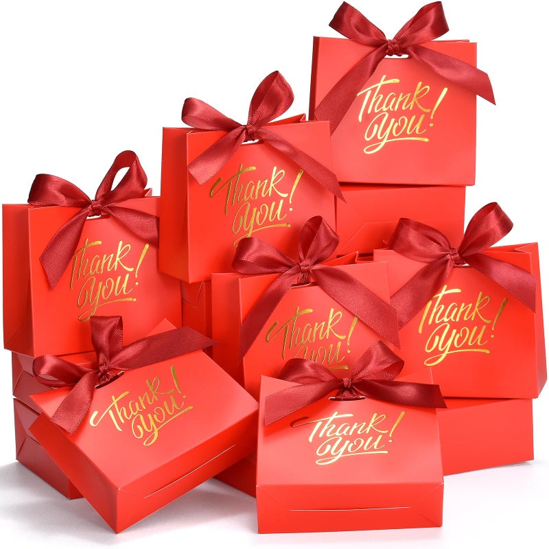 EQOREIIN Small Gift Bags, 25 Pack 4.5x1.8x3.9 Inches Mini Thank You Bags Red Kraft Paper Gift Bag with Bow Ribbon, Small Candy Bags for Birthday Wedding Baby Shower - Image 1
