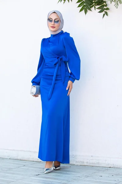 تستور شارشم Hijab Bazaar Nesy Double Breasted Robe Satin Evening Dress-Sax