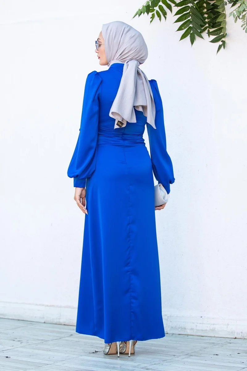 تستور شارشم Hijab Bazaar Nesy Double Breasted Robe Satin Evening Dress-Sax