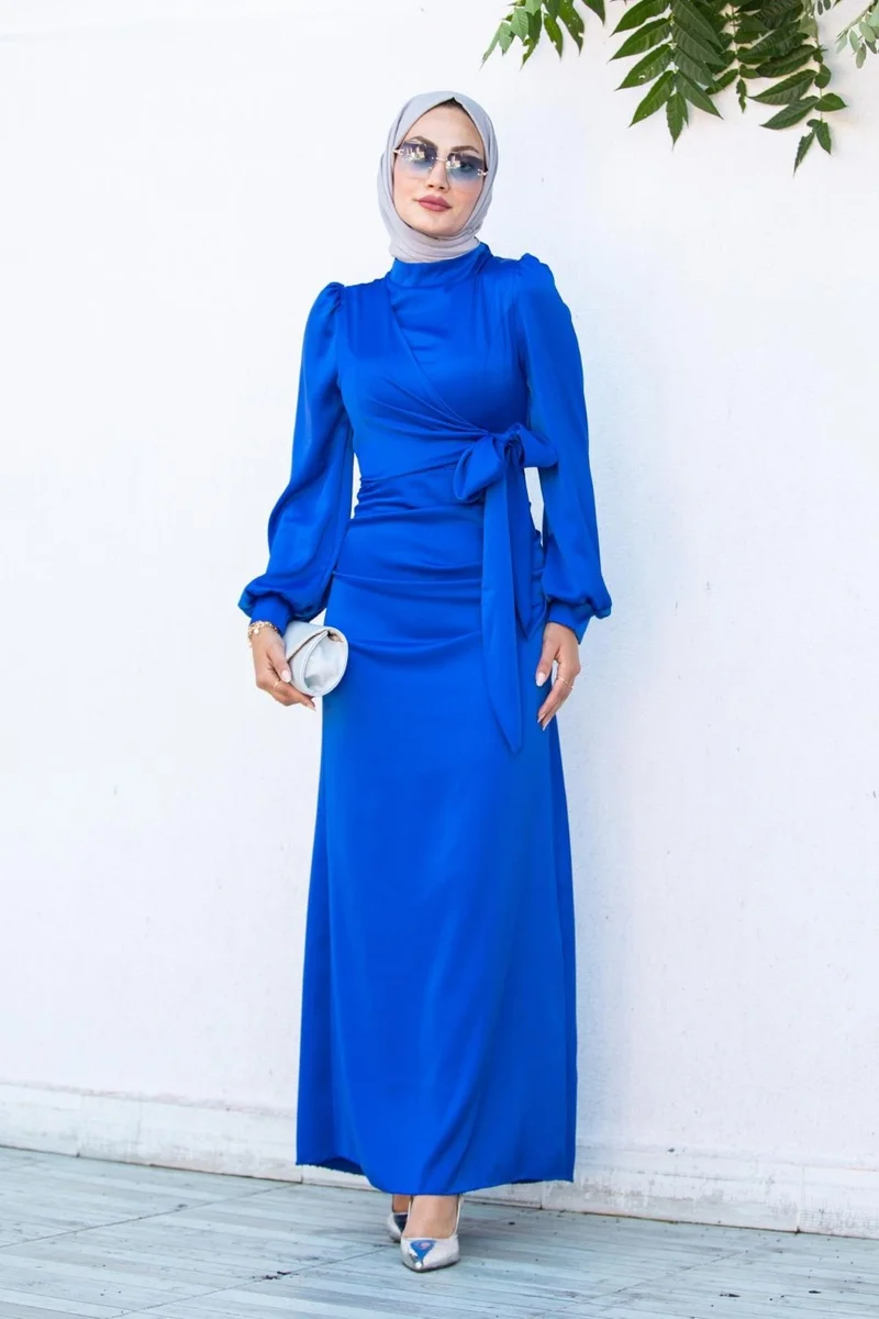 تستور شارشم Hijab Bazaar Nesy Double Breasted Robe Satin Evening Dress-Sax