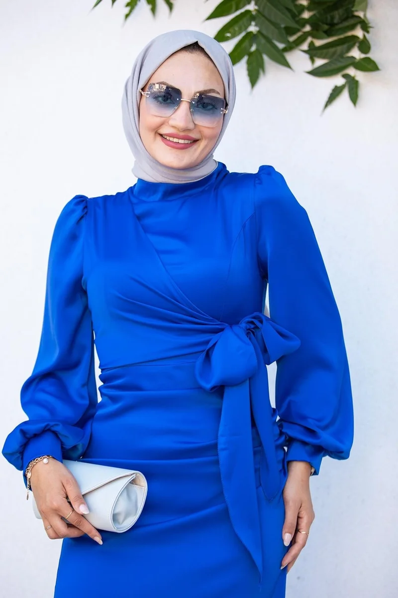 تستور شارشم Hijab Bazaar Nesy Double Breasted Robe Satin Evening Dress-Sax