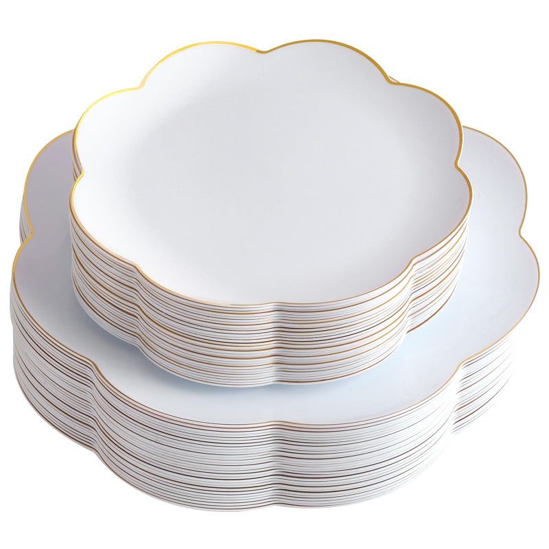 supernal 60pcs White and Gold Plastic Plates Heavy Duty Elegant Scalloped Disposable Plates Includes: 30 Gold Dinner Plate and Dessert Plate Perfect for Valentine's Day Mother's Day and Easter - Image 1