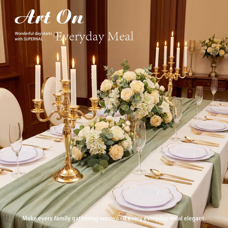 supernal 60pcs White and Gold Plastic Plates Heavy Duty Elegant Scalloped Disposable Plates Includes: 30 Gold Dinner Plate and Dessert Plate Perfect for Valentine's Day Mother's Day and Easter - Image 2