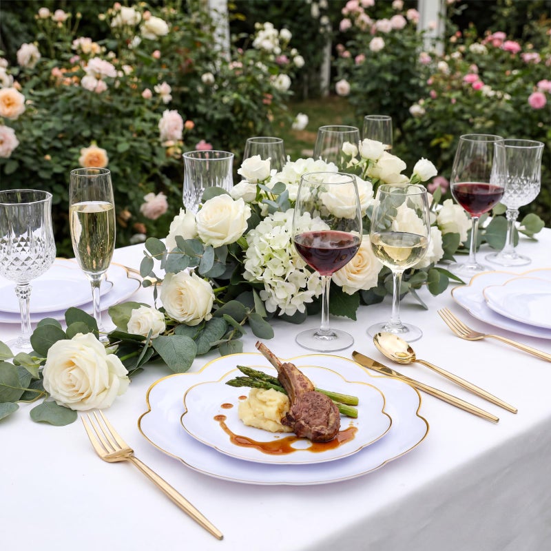 supernal 60pcs White and Gold Plastic Plates Heavy Duty Elegant Scalloped Disposable Plates Includes: 30 Gold Dinner Plate and Dessert Plate Perfect for Valentine's Day Mother's Day and Easter - Image 4