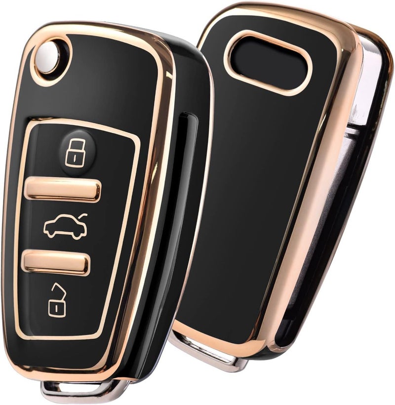 SHOPOFLUX TPU Car Key Cover Compatible for Audi A1 A3 A6 Q2 Q3 Q7 TT TTS R8 S3 S6 RS3 3 Button Flip Key - Black - Image 1