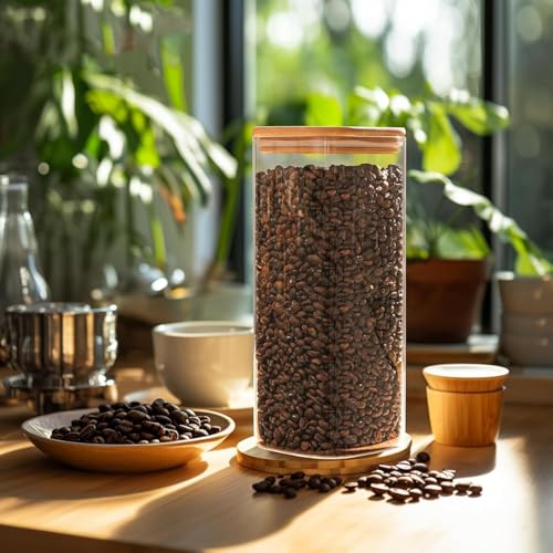 bellemax Airtight clear glass storage canister with wooden lid food storage container jar with sealing bamboo lid for kitchen storage and multipurpose use (1500ML- SQUER-Set of 6) - Image 2