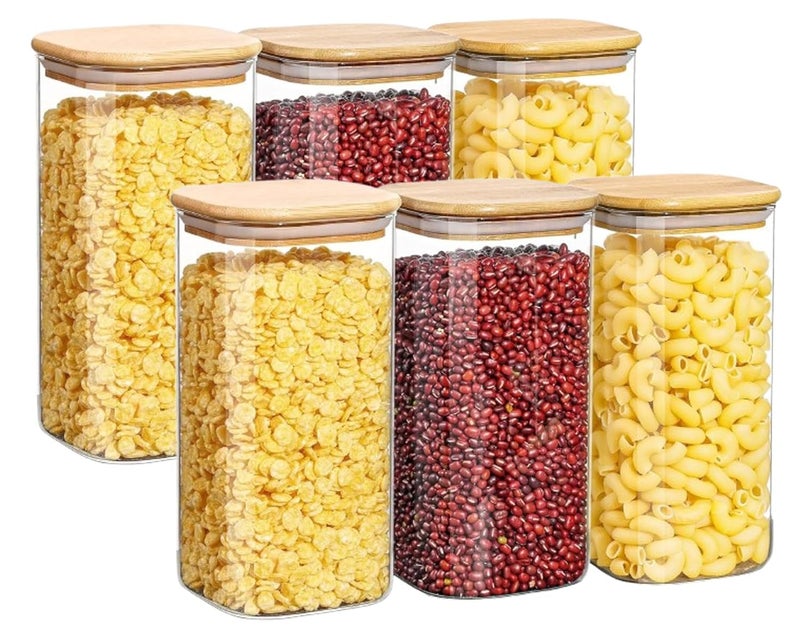 bellemax Airtight clear glass storage canister with wooden lid food storage container jar with sealing bamboo lid for kitchen storage and multipurpose use (1500ML- SQUER-Set of 6) - Image 1