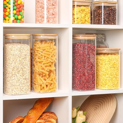 bellemax Airtight clear glass storage canister with wooden lid food storage container jar with sealing bamboo lid for kitchen storage and multipurpose use (1500ML- SQUER-Set of 6) - Image 4