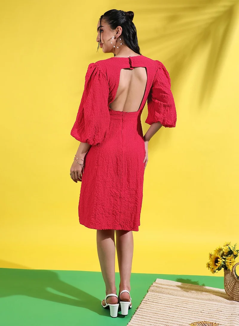 PINACOLADA Women's Scarlet Red Open-Back Creased Dress For Casual Wear | Round Neck | Quarter Sleeve | Pull On Closure | Dress Designed With Comfort Fit For Woman & Girls