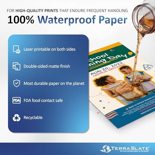 TerraSlate Premium Waterproof Paper, 5 MIL 8.5” x 11”, Laser Printer & Copy Machine Compatible, Durable & Rain/Weather-Proof Copy Paper, White Paper (250 Sheets) - Image 2