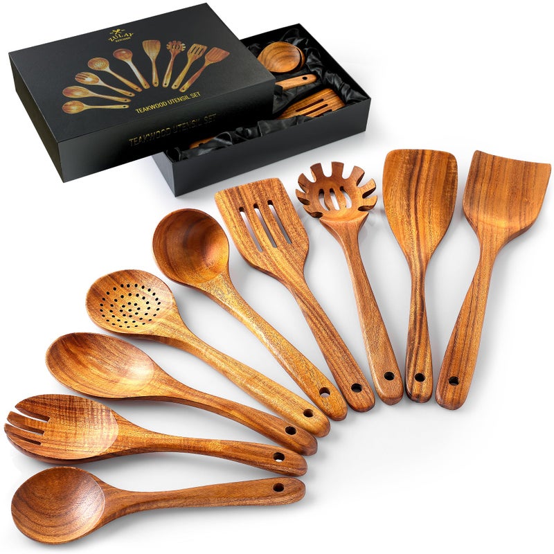 Zulay Kitchen 9-Piece Teak Wooden Utensils for Cooking - Natural Teak Utensil Set with Premium Gift Box - Non-Stick Wooden Spoons for Cooking - Kitchen Gift Set - Comfortable Grip Wooden Utensil Set - Image 1