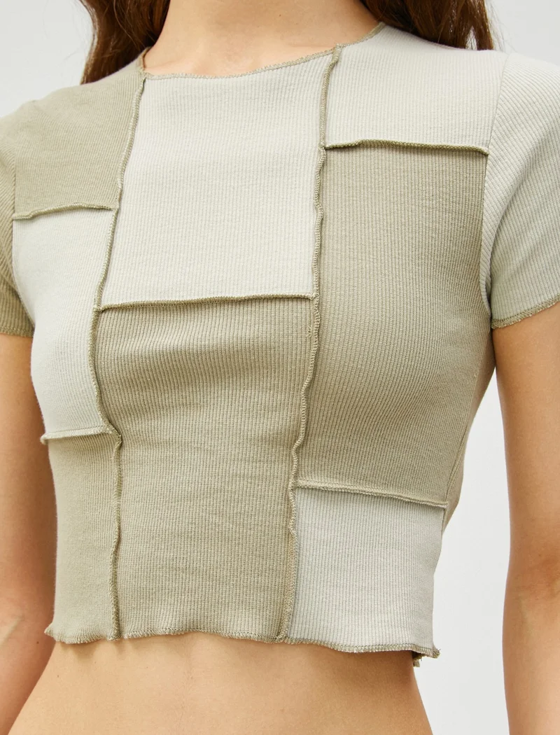 كوتون Crop T-Shirt Color Blocked Crew Neck Short Sleeve