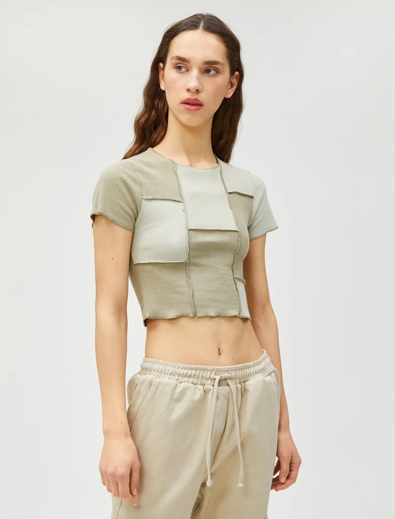 كوتون Crop T-Shirt Color Blocked Crew Neck Short Sleeve