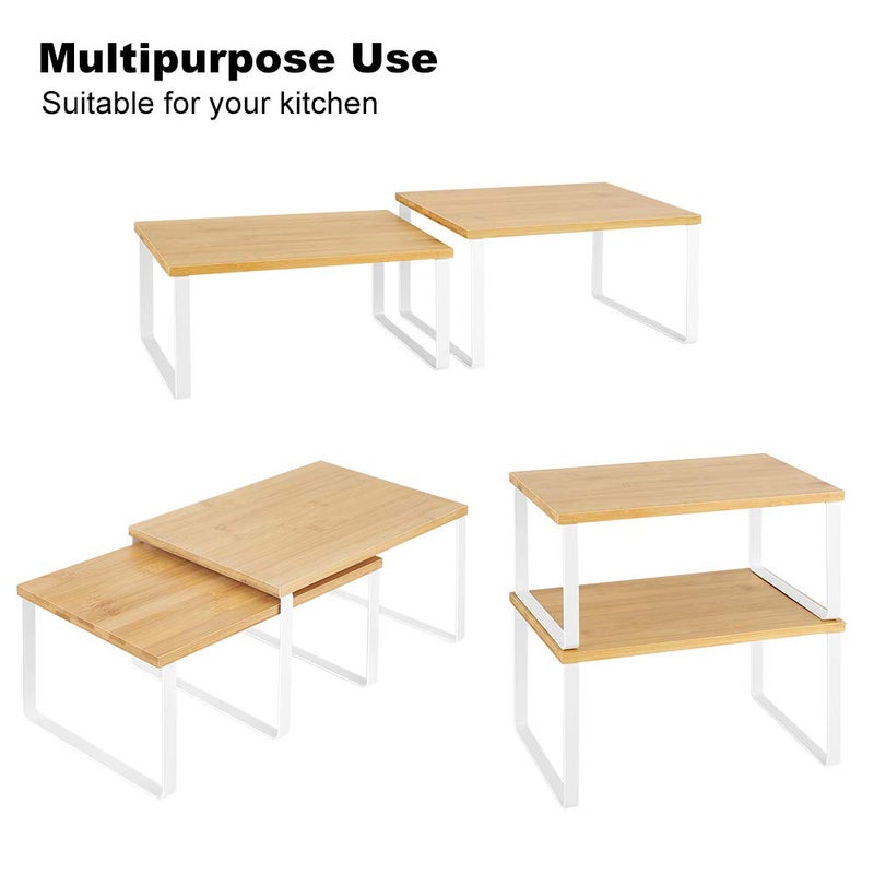 NEX Kitchen Cabinet and Counter Shelf Organizer, Stackable & Expandable, White and Natural - Image 5