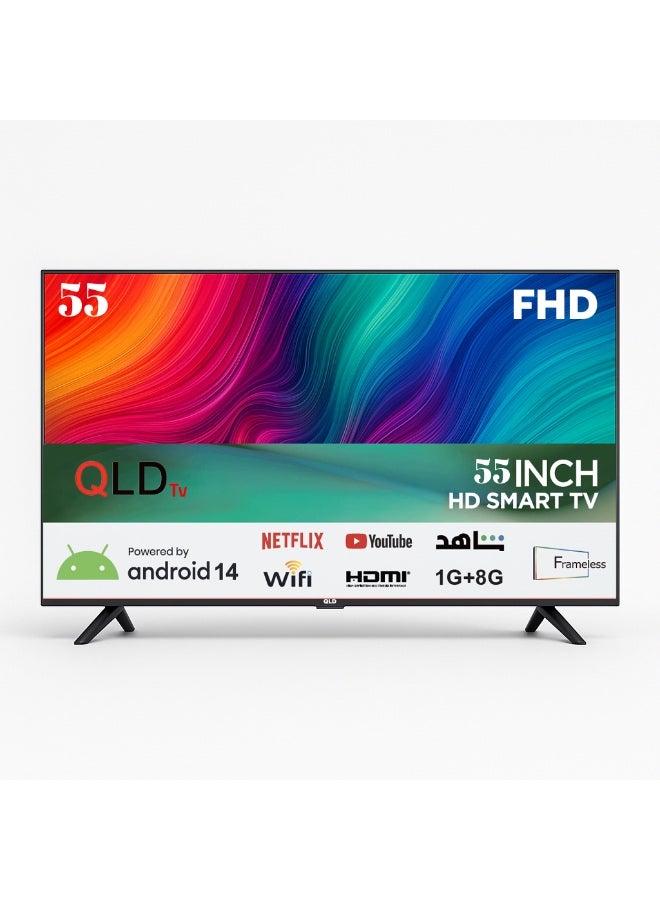 QLD تلفزيون QLD فريملس ‎55‎ بوصة DLED، دقة ‎FHD 1920×1080‎، زاوية رؤية ‎176°‎، تباين ‎3000:1‎، Smart TV (Android) – موديل QLDT-55S1 – أسود - Image 1