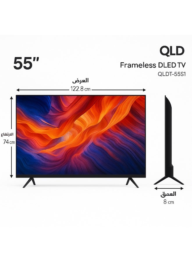 QLD تلفزيون QLD فريملس ‎55‎ بوصة DLED، دقة ‎FHD 1920×1080‎، زاوية رؤية ‎176°‎، تباين ‎3000:1‎، Smart TV (Android) – موديل QLDT-55S1 – أسود - Image 2