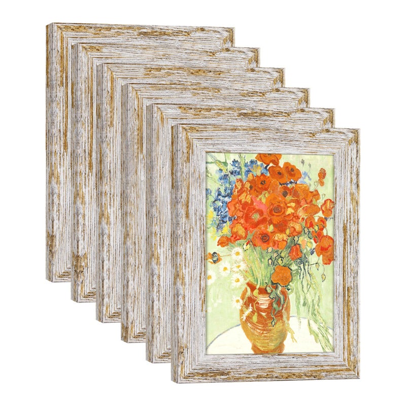 DEKWINN Rustic Distressed Retro Style White Photo Frame 4x6 Picture Frame Set of 6 with Real Glass for Pictures 4x6 Without Mat, Wall Gallery or Tabletop display - Image 1