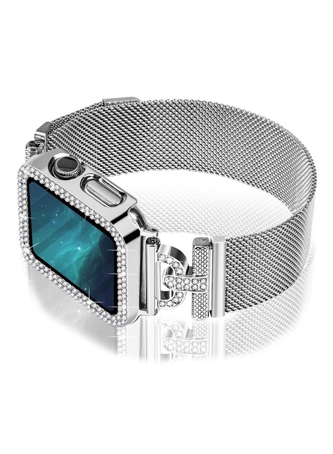 JOYOZY Magnetic Band Compatible with Apple Watch Band 38mm 40mm 41mm 42mm 44mm 45mm Milanese Strap with Bling Case and Screen Protector, Dressy Stainless Steel iWatch Loop for Women (Silver 45mm) - Image 1