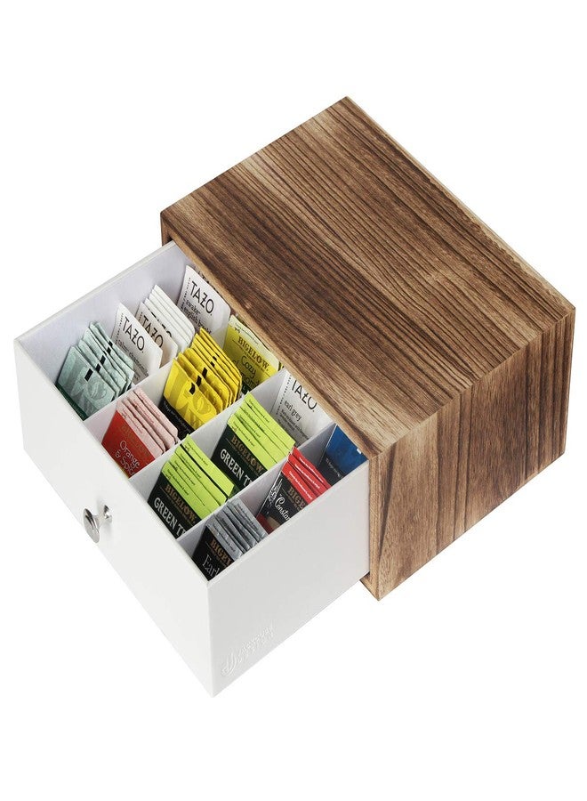 J JACKCUBE DESIGN JACKCUBE DESIGN Rustic Wood Tea Storage Box Tea Bag Organizer Stand Holder Drawer / 12 Adjustable Compartments and White Faux Leather Drawer/Acrylic Divider - :MK447C - Image 1
