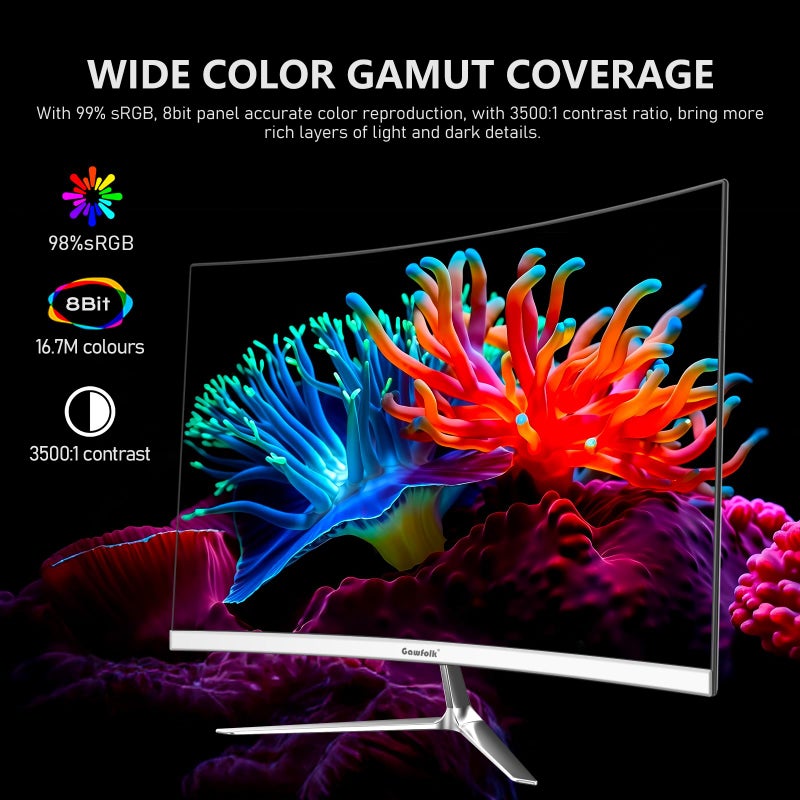 Gawfolk 24.5 Inch Gaming Curved Monitor Built-in Speakers, 3000R 120Hz White PC Screen Full HD 1080P, HDMI 2.0, VGA, Wall Mount Compatible 75 * 75mm - Image 3