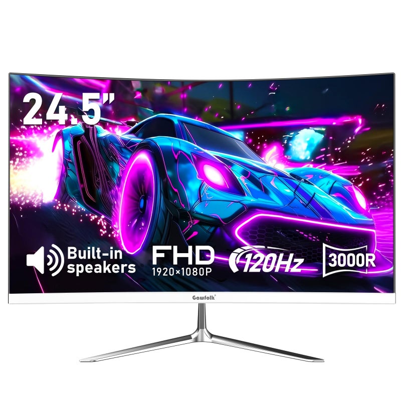 Gawfolk 24.5 Inch Gaming Curved Monitor Built-in Speakers, 3000R 120Hz White PC Screen Full HD 1080P, HDMI 2.0, VGA, Wall Mount Compatible 75 * 75mm - Image 1