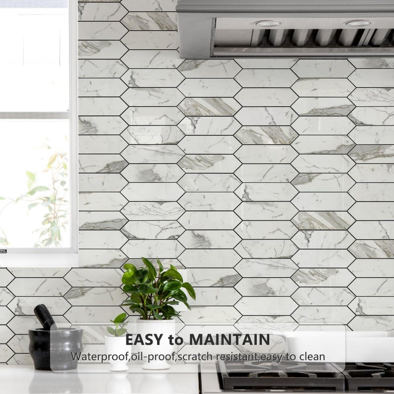 Vamos Tile Glossy Carrara White Backsplash Tile Peel and Stick, 12.8 x 12.8 Inch 10 Sheets Long Hexagon PVC Self Adhesive Mosaic Wall Tiles Stick on Backsplash for Kitchen and Bathroom - Image 3