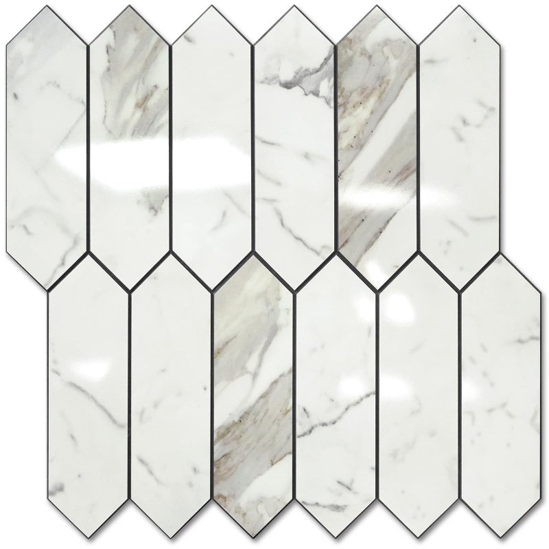 Vamos Tile Glossy Carrara White Backsplash Tile Peel and Stick, 12.8 x 12.8 Inch 10 Sheets Long Hexagon PVC Self Adhesive Mosaic Wall Tiles Stick on Backsplash for Kitchen and Bathroom - Image 1