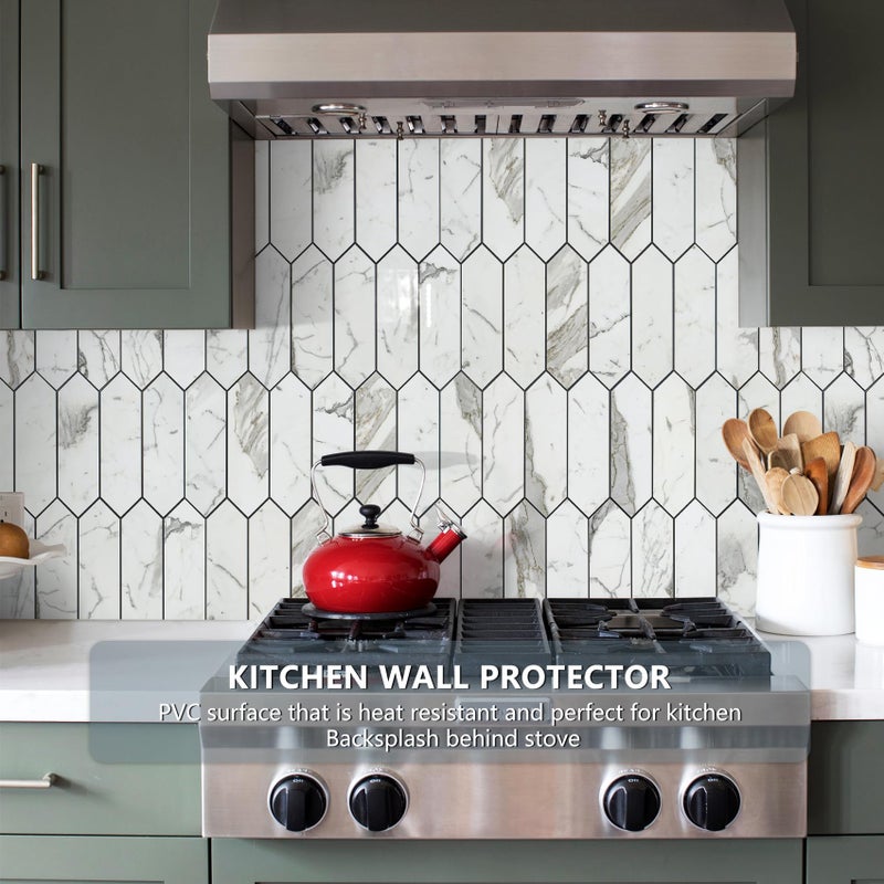Vamos Tile Glossy Carrara White Backsplash Tile Peel and Stick, 12.8 x 12.8 Inch 10 Sheets Long Hexagon PVC Self Adhesive Mosaic Wall Tiles Stick on Backsplash for Kitchen and Bathroom - Image 2