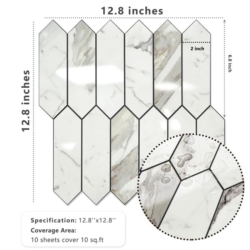 Vamos Tile Glossy Carrara White Backsplash Tile Peel and Stick, 12.8 x 12.8 Inch 10 Sheets Long Hexagon PVC Self Adhesive Mosaic Wall Tiles Stick on Backsplash for Kitchen and Bathroom - Image 5