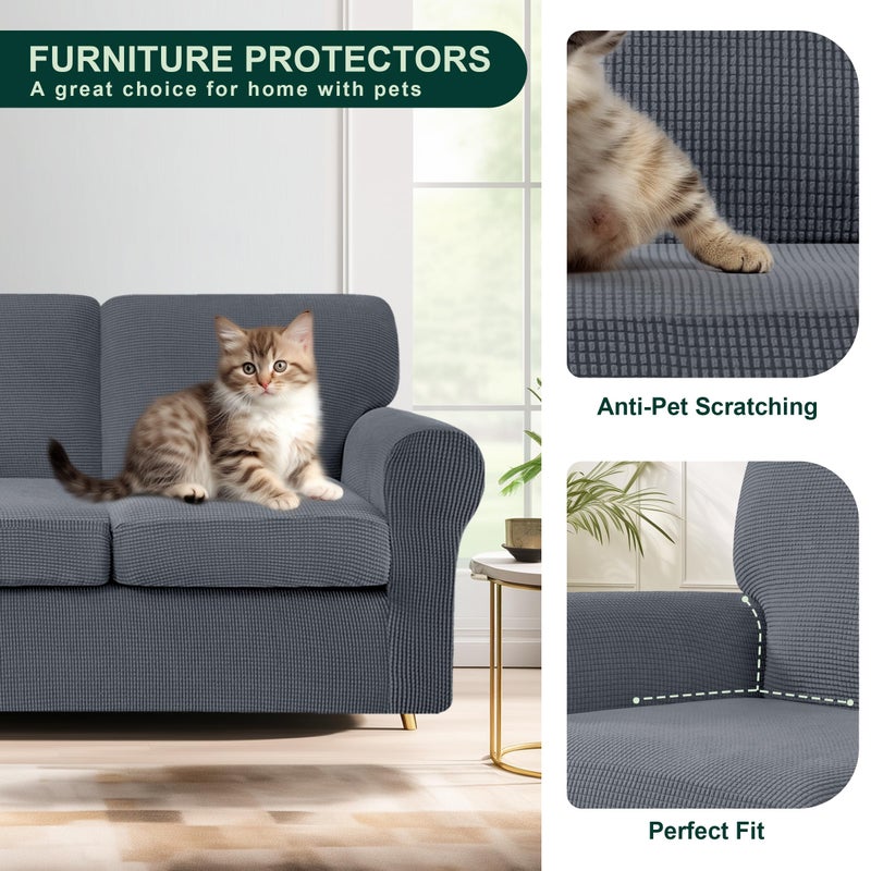 CHUN YI 5 Piece Loveseat Covers Couch Covers for 2 Cushion Couch, Stretch Sofa Slipcovers with Separate Backrest and Cushion Covers, Anti-Slip Washable Furniture Protector for Dogs Pets (Medium, Grey) - Image 4