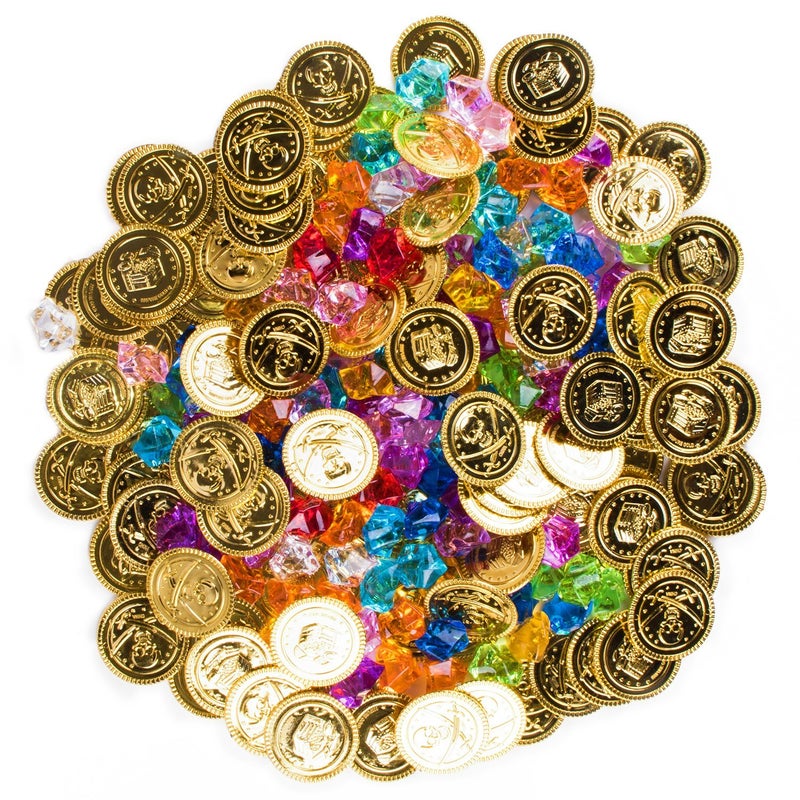 Super Z Outlet Pirate Plastic Gold Colored Coins Buried Treasure and Pirate Gems Jewelry Playset Activity Game Piece Pack Party Favor Decorations (120 Coins + 120 Gems) - Image 2