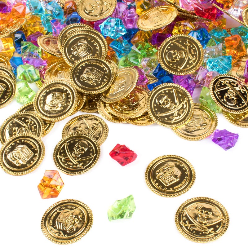 Super Z Outlet Pirate Plastic Gold Colored Coins Buried Treasure and Pirate Gems Jewelry Playset Activity Game Piece Pack Party Favor Decorations (120 Coins + 120 Gems) - Image 1