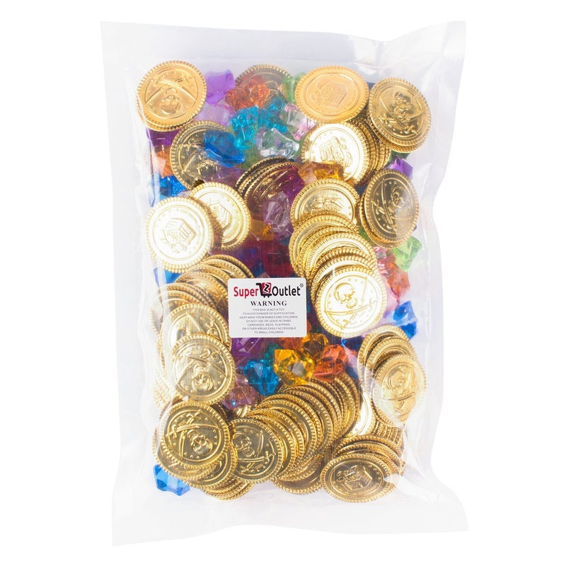 Super Z Outlet Pirate Plastic Gold Colored Coins Buried Treasure and Pirate Gems Jewelry Playset Activity Game Piece Pack Party Favor Decorations (120 Coins + 120 Gems) - Image 5
