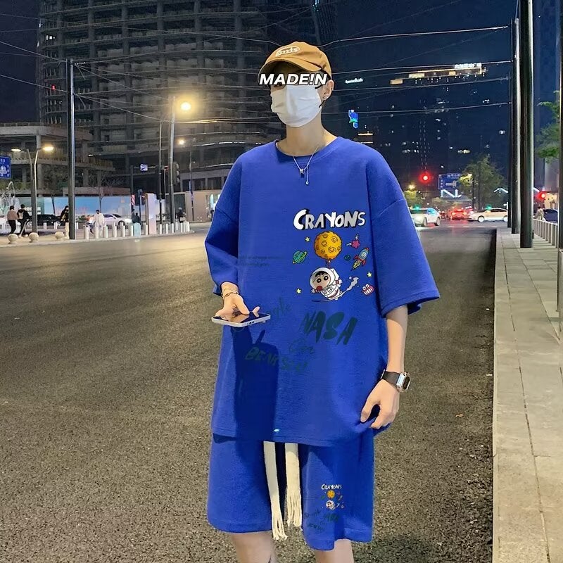 Summer fashion suit mens fashion brand boys handsome suit with summer casual sports short sleeve shorts two-piece suit H52 Blue - Image 1