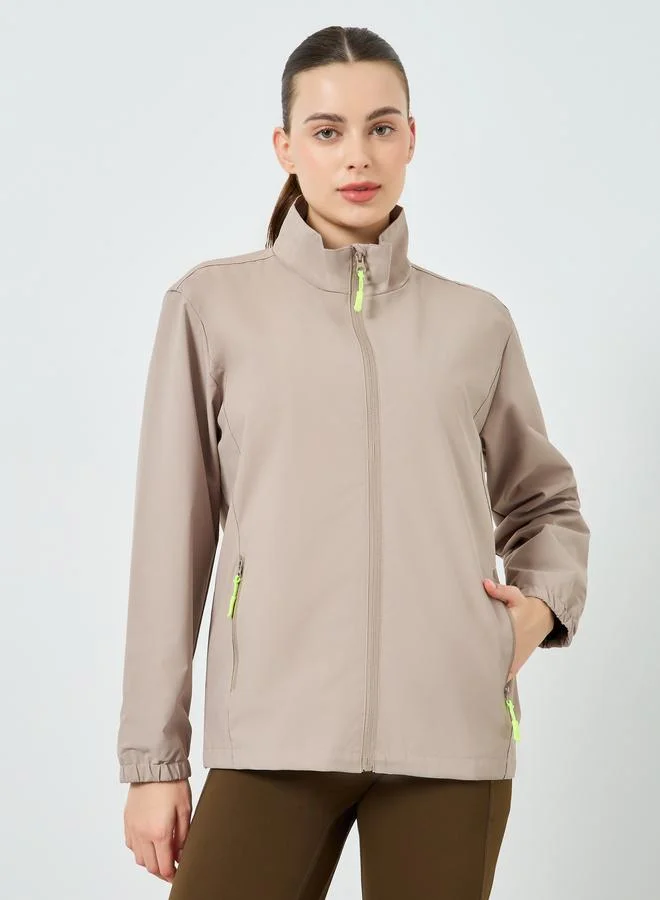 Women Beige Windbreaker Contrast Zip Jacket