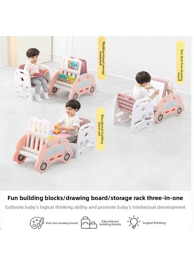 null - Children's Home Study Table And Chair Baby's Infant Multi-functional Storage Bookshelf Learning Drawing Board Building Blocks Table For Puzzle Building Blocks-Color:Dining Table And Chairs + Slide + Bookshelf + Drawing Board + 2 Free Pens + 1 Whiteboard Eraser + Building Blocks) - Image 1