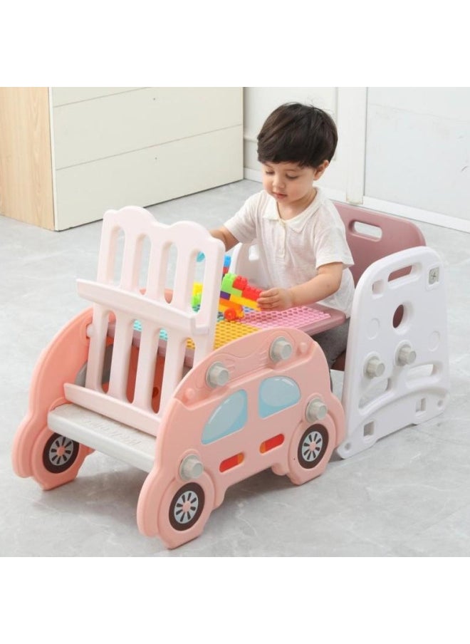 null - Children's Home Study Table And Chair Baby's Infant Multi-functional Storage Bookshelf Learning Drawing Board Building Blocks Table For Puzzle Building Blocks-Color:Dining Table And Chairs + Slide + Bookshelf + Drawing Board + 2 Free Pens + 1 Whiteboard Eraser + Building Blocks) - Image 1