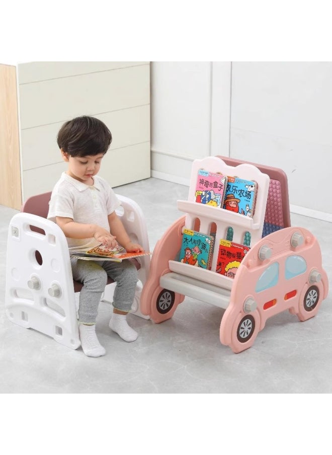null - Children's Home Study Table And Chair Baby's Infant Multi-functional Storage Bookshelf Learning Drawing Board Building Blocks Table For Puzzle Building Blocks-Color:Dining Table And Chairs + Slide + Bookshelf + Drawing Board + 2 Free Pens + 1 Whiteboard Eraser + Building Blocks) - Image 1