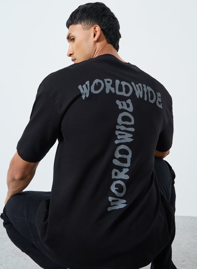 Styli Men Black Oversized T-Shirt with Worldwide Print - Image 2
