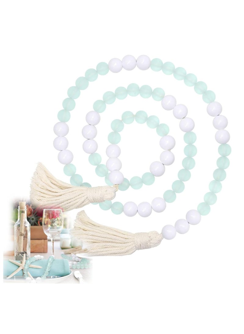KASTWAVE Wood Beads Garland with Tassels, 1 Pcs White Wooden Beads with Round Frosted Aqua Acrylic Beads, Boho Farmhouse Country Rustic Wall Hanging Tiered Tray Coffee Summer Table Beach Decorr - Image 1