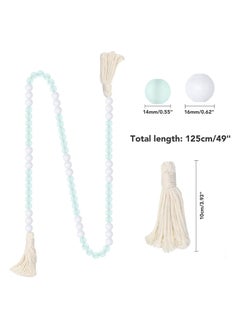 KASTWAVE Wood Beads Garland with Tassels, 1 Pcs White Wooden Beads with Round Frosted Aqua Acrylic Beads, Boho Farmhouse Country Rustic Wall Hanging Tiered Tray Coffee Summer Table Beach Decorr  - Image 5
