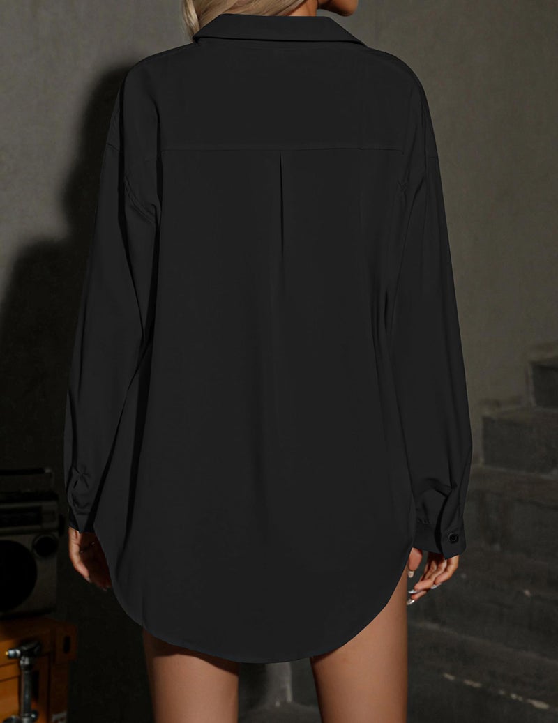 HOTOUCH Womens Black Button Down Shirts Boyfriend Long Sleeve Oversized Collar Shirt Soft Office Blouses with Pockets L - Image 2